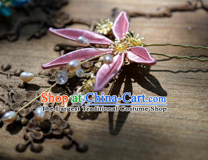 Traditional Chinese Handmade Court Hairpins Hair Accessories Ancient Queen Hanfu Pink Flower Hair Clip for Women