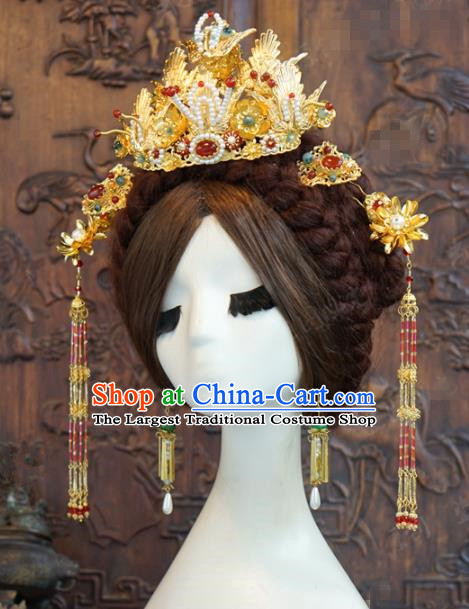 Traditional Chinese Wedding Hair Accessories Luxury Pearls Phoenix Coronet Ancient Bride Hairpins Complete Set for Women