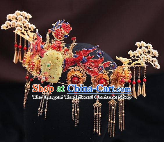 Traditional Chinese Wedding Cloisonne Red Phoenix Coronet Luxury Jade Hair Accessories Ancient Bride Hairpins Complete Set for Women