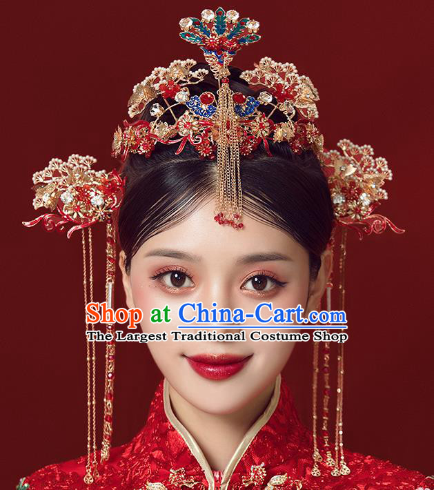 Traditional Chinese Wedding Court Cloisonne Pine Hair Crown Hair Accessories Ancient Bride Tassel Hairpins Complete Set for Women