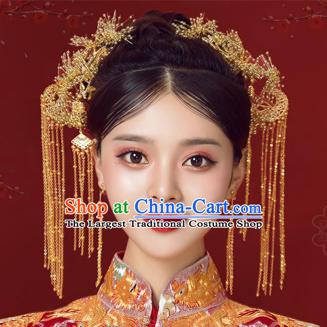 Traditional Chinese Wedding Court Golden Hair Clips Hair Accessories Ancient Bride Tassel Hairpins Complete Set for Women