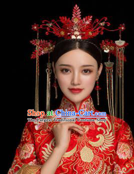 Traditional Chinese Handmade Wedding Red Phoenix Coronet Ancient Bride Hairpins Luxury Hair Accessories Complete Set