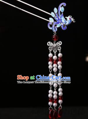 Traditional Chinese Hanfu Blue Phoenix Tassel Hair Clip Ancient Court Queen Hairpins Handmade Hair Accessories for Women