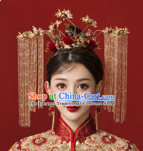 Traditional Chinese Wedding Golden Phoenix Coronet Hair Accessories Ancient Bride Tassel Hairpins Complete Set for Women