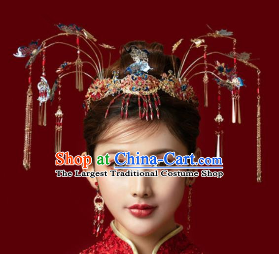 Traditional Chinese Ginkgo Wedding Blueing Hair Crown Hair Accessories Ancient Bride Tassel Hairpins Complete Set