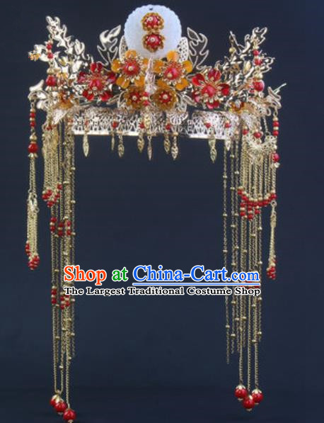 Traditional Chinese Handmade Wedding Jade Phoenix Coronet Ancient Bride Hairpins Luxury Hair Accessories Complete Set