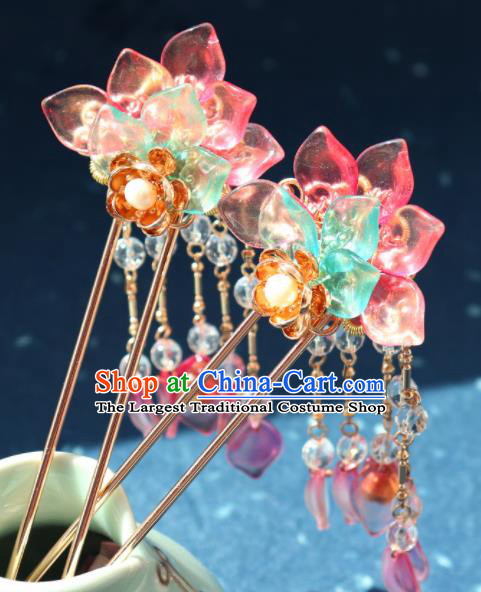 Traditional Chinese Hanfu Pink Lotus Tassel Hair Clip Ancient Court Princess Hairpins Hair Accessories for Kids