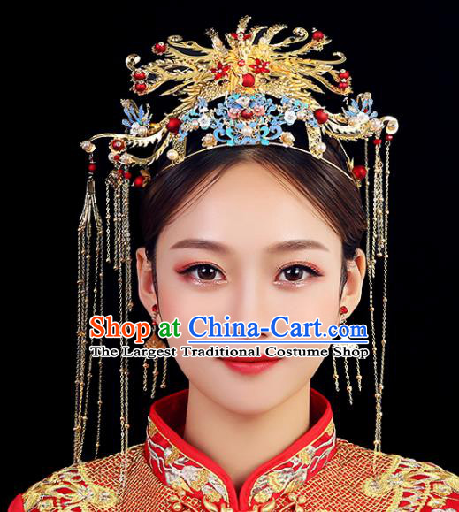 Traditional Chinese Wedding Golden Phoenix Coronet Handmade Ancient Bride Hairpins Hair Accessories Complete Set