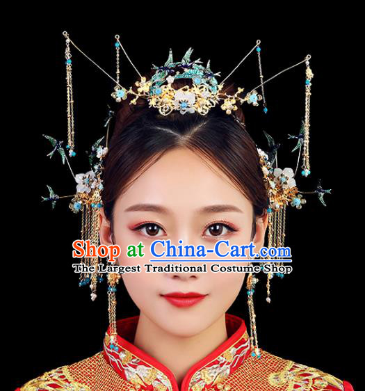 Traditional Chinese Wedding Handmade Blueing Birds Phoenix Coronet Ancient Bride Hairpins Hair Accessories Complete Set