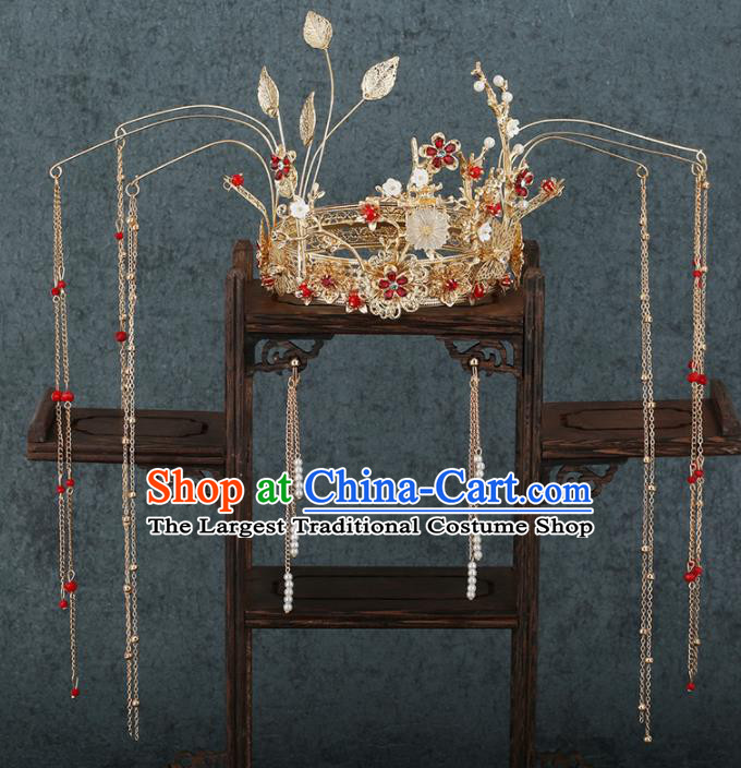 Traditional Chinese Wedding Handmade Golden Leaf Phoenix Coronet Ancient Bride Hairpins Hair Accessories Complete Set