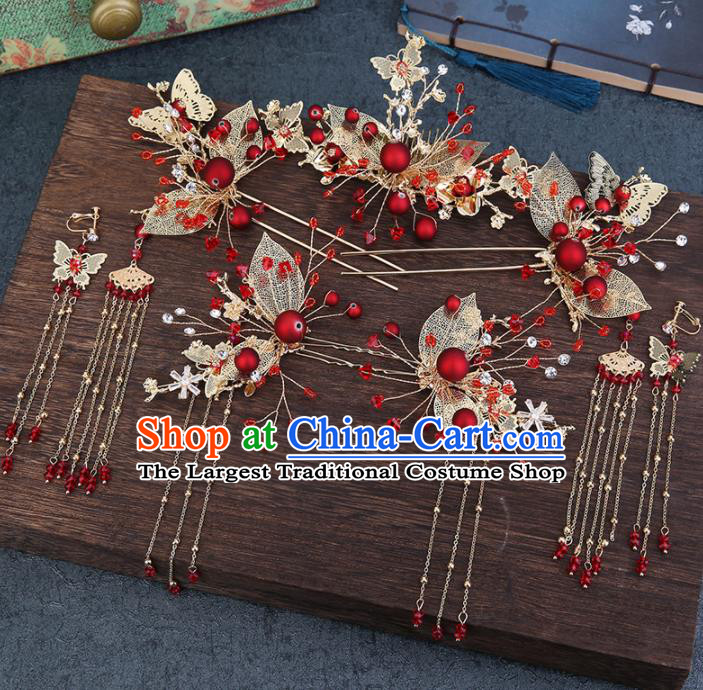 Traditional Chinese Wedding Handmade Red Beads Hair Comb Ancient Bride Hairpins Hair Accessories Complete Set