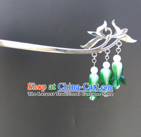 Traditional Chinese Hanfu Bells Tassel Green Hair Clip Ancient Court Princess Hairpins Hair Accessories for Women