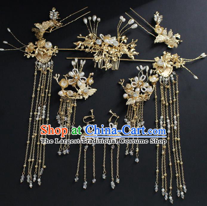 Traditional Chinese Wedding Handmade Golden Hair Comb Ancient Bride Hairpins Hair Accessories Complete Set