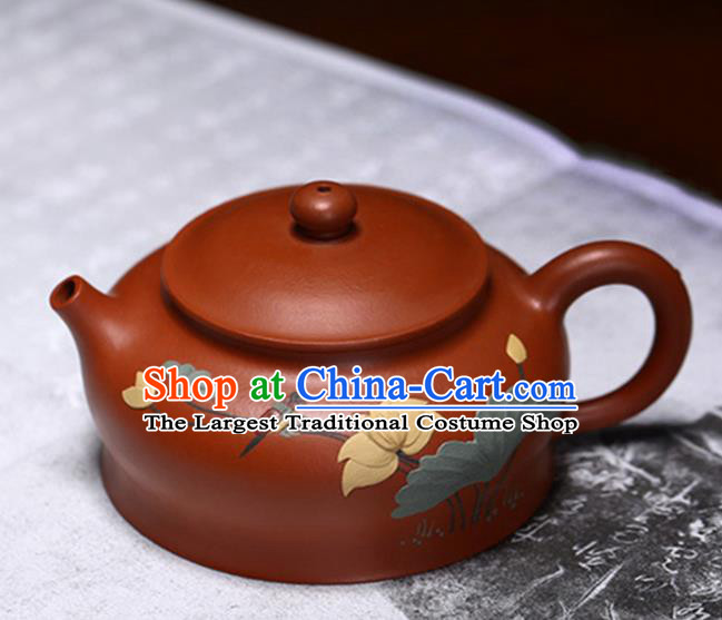 Traditional Chinese Handmade Painting Lotus Zisha Teapot Dark Red Clay Pottery Teapot