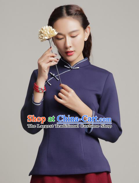 Chinese Traditional Tang Suit Navy Blouse Classical National Shirt Upper Outer Garment for Women