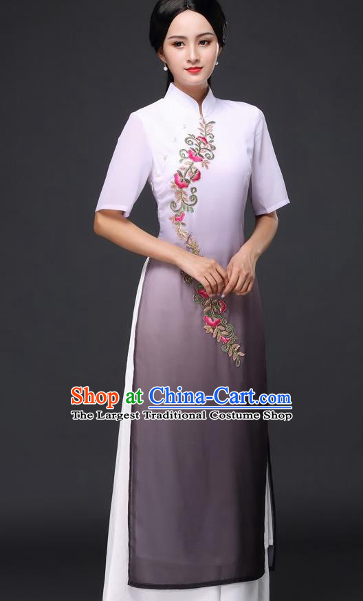 Traditional Chinese Classical Dance Grey Cheongsam National Costume Tang Suit Qipao Dress for Women