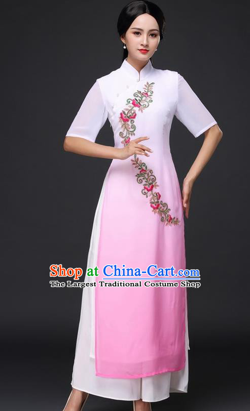 Traditional Chinese Classical Dance Pink Cheongsam National Costume Tang Suit Qipao Dress for Women