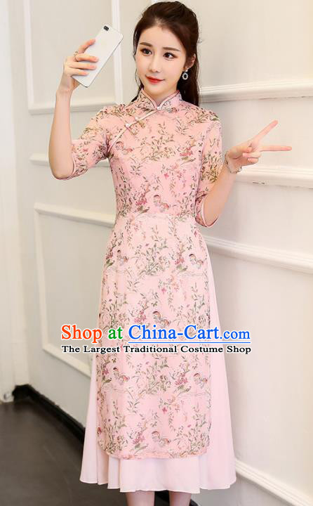 Traditional Chinese Classical Dance Pink Cheongsam National Costume Tang Suit Qipao Dress for Women