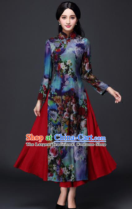 Traditional Chinese Classical Printing Peony Cheongsam National Costume Tang Suit Qipao Dress for Women