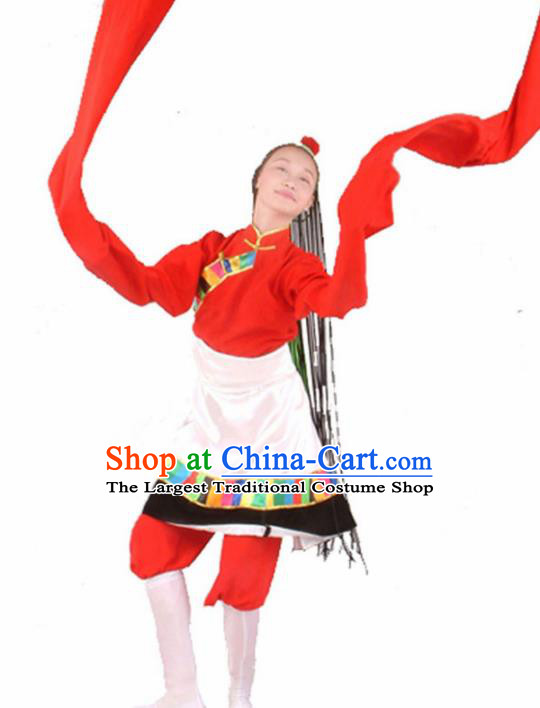 Traditional Chinese Zang Nationality Water Sleeve Dress Tibetan Ethnic Dance Stage Show Costume for Women