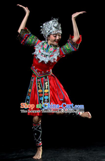 Traditional Chinese Miao Nationality Dance Red Dress Hmong Ethnic Dance Stage Show Costume for Women