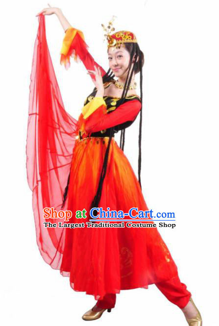 Traditional Chinese Uyghur Nationality Costume Uigurian Ethnic Dance Stage Show Red Dress for Women