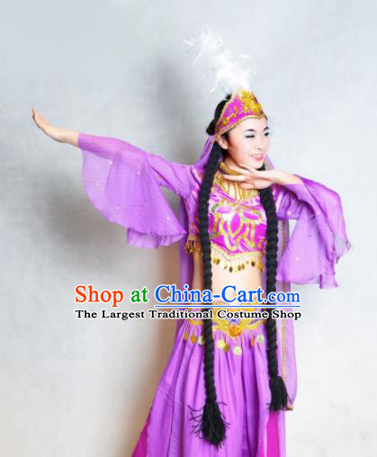 Traditional Chinese Uyghur Nationality Purple Costume Uyghurian Ethnic Dance Stage Show Dress for Women