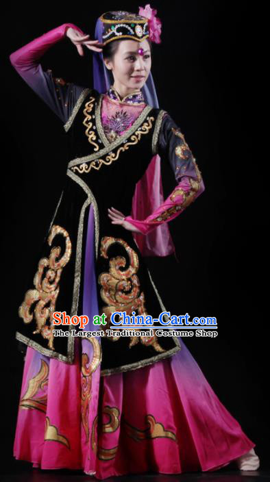 Traditional Chinese Uyghur Nationality Costume Uigurian Ethnic Dance Stage Show Dress for Women