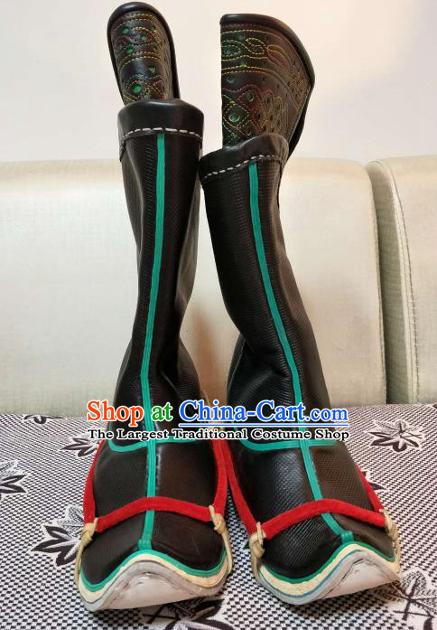 Chinese Traditional Mongol Nationality Black Boots Mongolian Ethnic Leather Riding Boots for Men