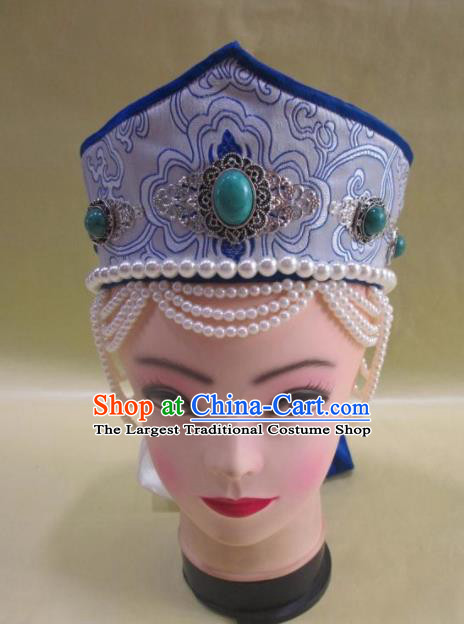 Traditional Chinese Mongol Nationality Hair Accessories Mongolian Ethnic Blue Hat for Women