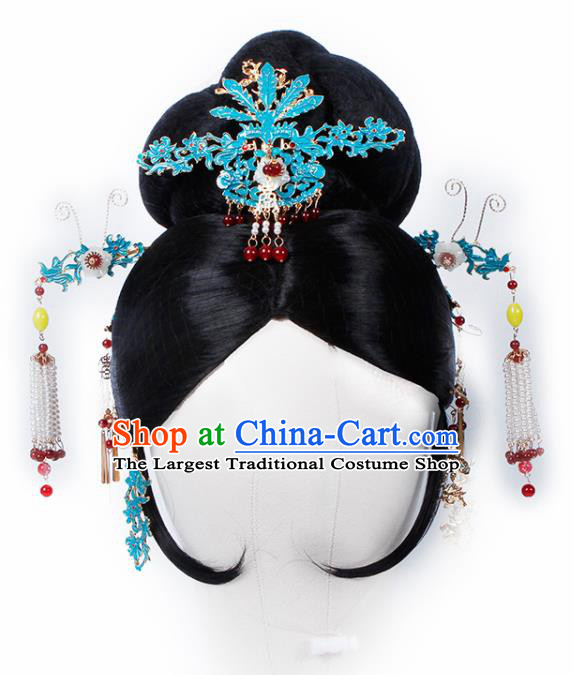 Chinese Traditional Qing Dynasty Queen Wigs and Hairpins Ancient Imperial Consort Hair Accessories for Women