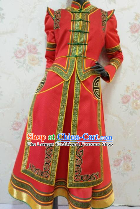 Traditional Chinese Mongol Nationality Stage Show Red Dress Mongolian Ethnic Dance Costume for Women