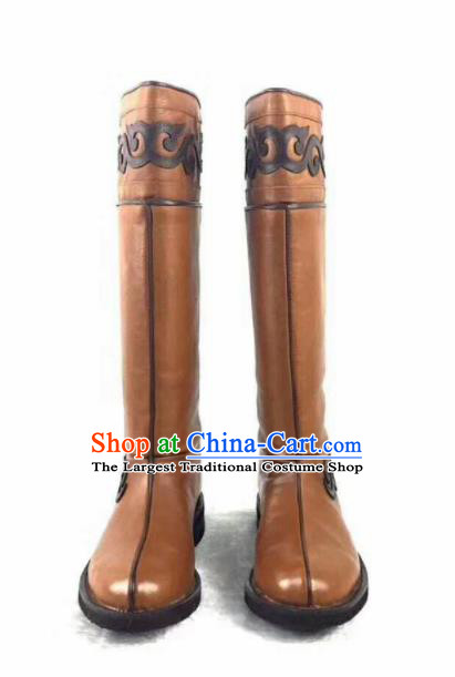 Chinese Traditional Mongol Nationality Khaki Leather Boots Mongolian Ethnic Riding Boots for Men