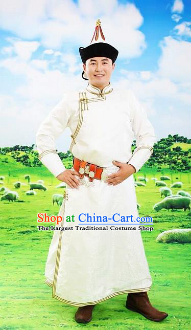 Chinese Traditional Mongol Nationality Costumes Mongolian Ethnic Prince White Robe for Men