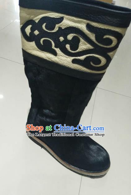 Chinese Traditional Mongol Nationality Black Fur Boots Mongolian Ethnic Leather Riding Boots for Men