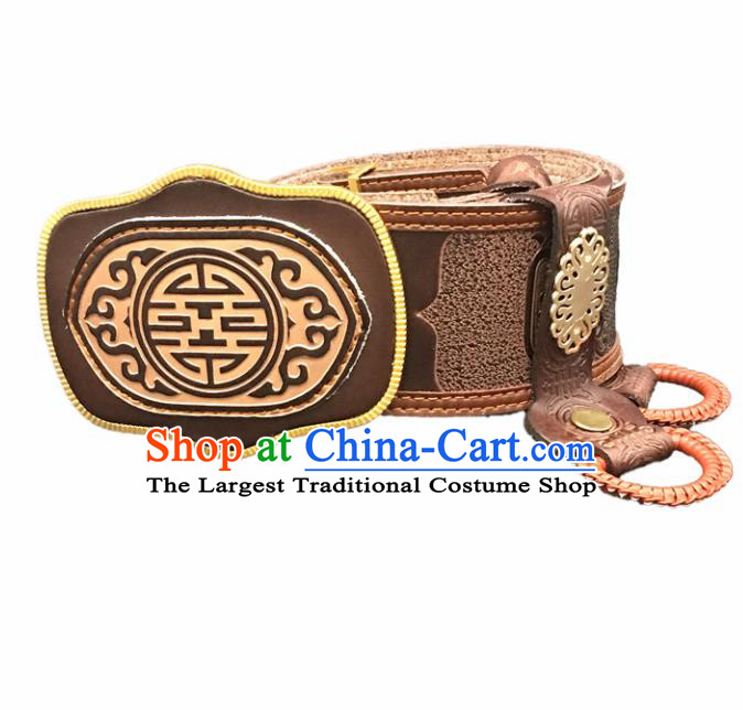 Traditional Chinese Mongol Nationality Brown Leather Belt Mongolian Ethnic Waistband for Men