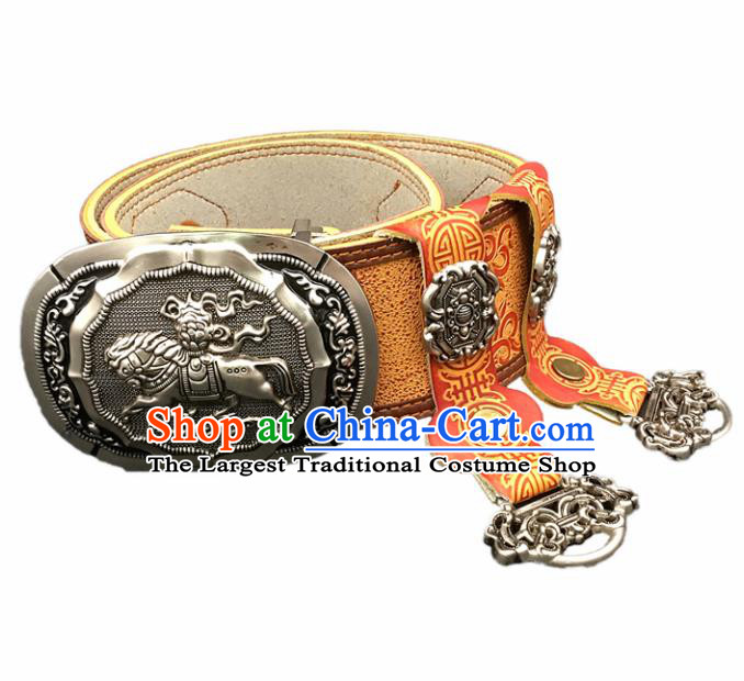 Traditional Chinese Mongol Nationality Orange Leather Belt Mongolian Ethnic Waistband for Men