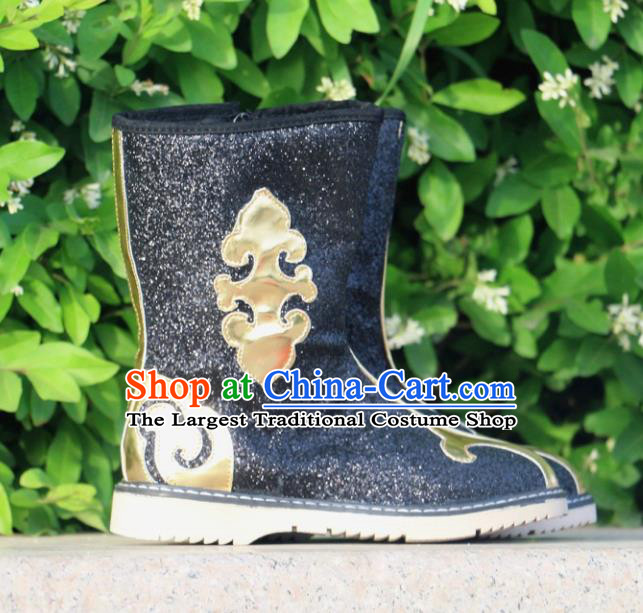 Chinese Traditional Mongol Nationality Black Boots Mongolian Ethnic Leather Riding Boots for Kids