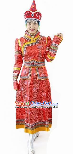 Traditional Chinese Mongol Nationality Dance Red Dress Mongolian Ethnic Wedding Stage Show Costume for Women