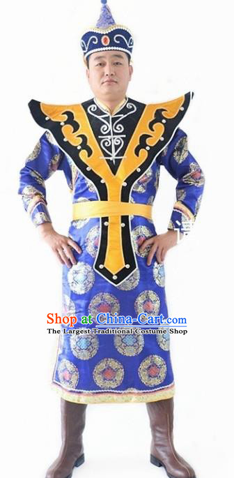 Chinese Traditional Mongol Nationality Royalblue Costumes Mongolian Ethnic Dance Robe for Men