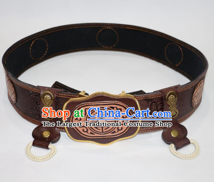 Traditional Chinese Mongol Nationality Male Brown Leather Belts Mongolian Ethnic Waistband for Men