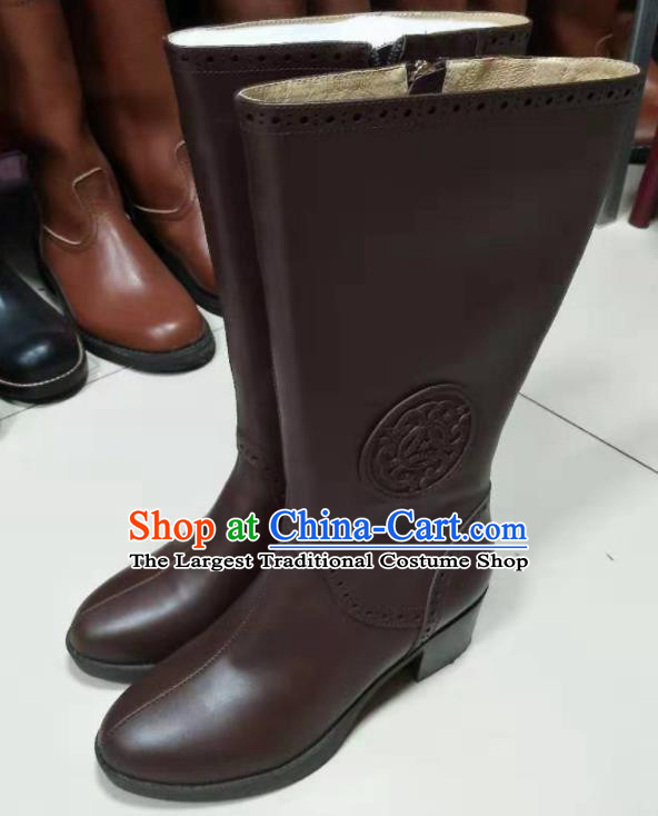 Chinese Traditional Mongol Nationality Brown Leather Boots Mongolian Ethnic Riding Boots for Women