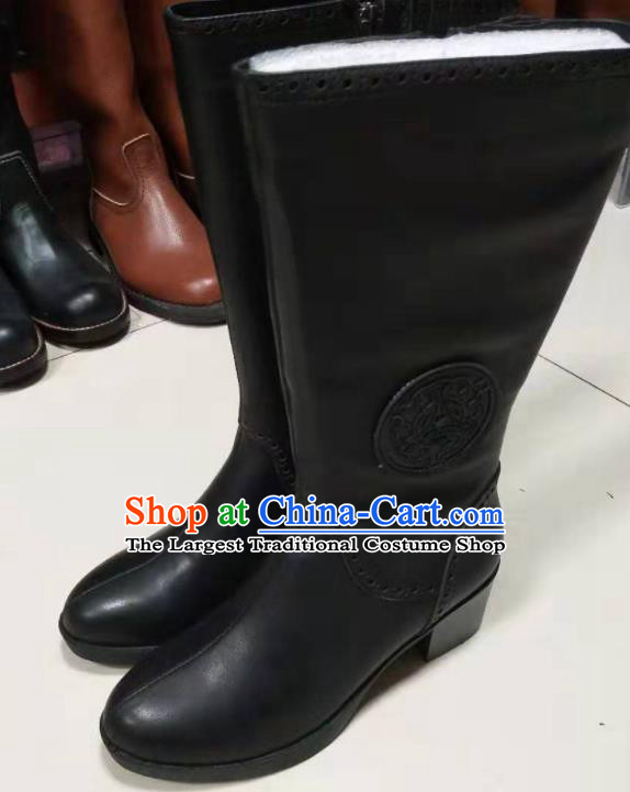 Chinese Traditional Mongol Nationality Black Leather Boots Mongolian Ethnic Riding Boots for Women