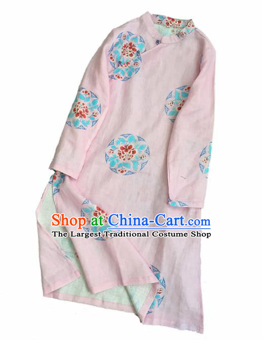 Chinese Traditional Tang Suit Printing Peony Pink Ramie Cheongsam National Costume Qipao Dress for Women