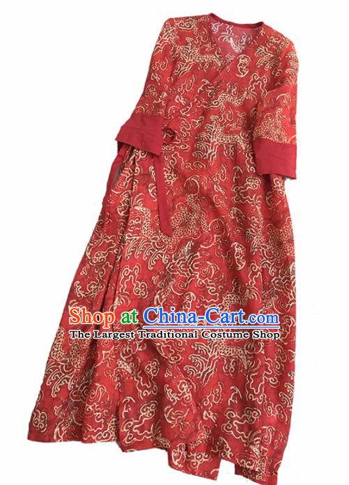 Chinese Traditional Tang Suit Printing Dragon Red Ramie Cheongsam National Costume Qipao Dress for Women