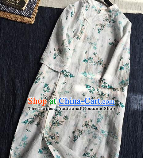 Chinese Traditional Tang Suit Printing Ramie Cheongsam National Costume Qipao Dress for Women