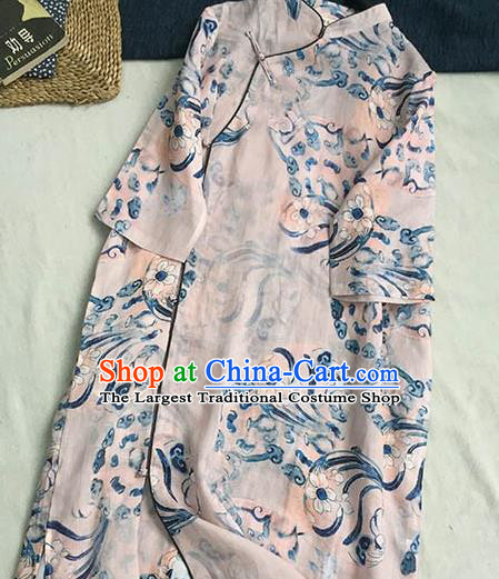 Chinese Traditional Tang Suit Printing Orchid Pink Ramie Cheongsam National Costume Qipao Dress for Women