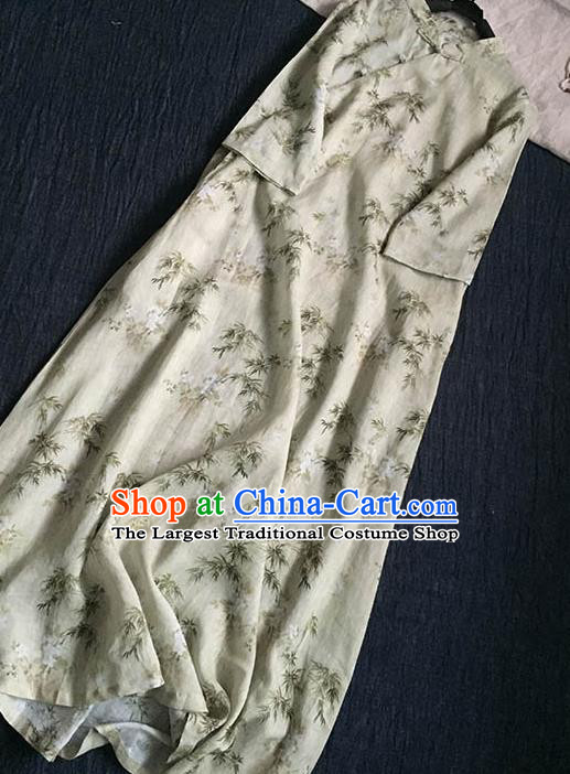 Chinese Traditional Tang Suit Printing Bamboo Beige Ramie Cheongsam National Costume Qipao Dress for Women