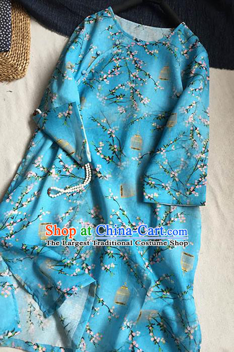 Chinese Traditional Tang Suit Printing Blue Ramie Blouse National Upper Outer Garment Costume for Women