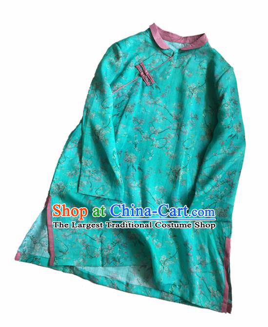 Chinese Traditional Tang Suit Printing Peony Green Ramie Blouse National Upper Outer Garment Costume for Women